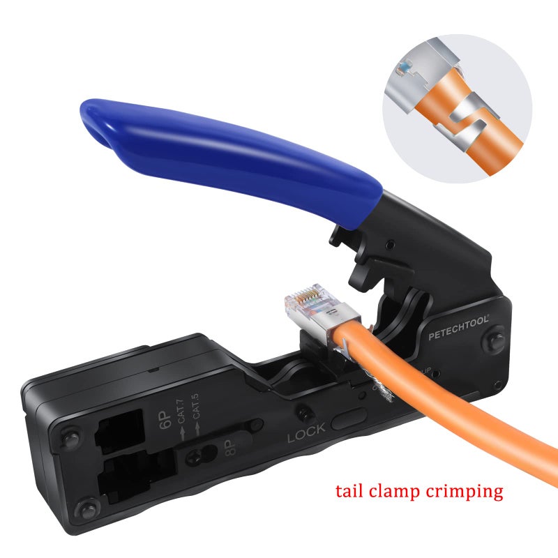 PETECHTOOL RJ45 Crimp Tool Ethernet Crimper for Cat7 Cat6A Cat5e Cat5 RJ45 Pass Through Connector and 6P Telephone Plug - Image 5